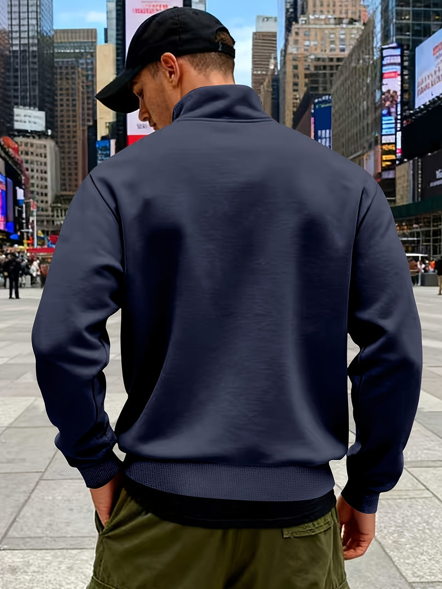Josh Mei'S Selection of Henley Collar Shirts, Autumn And Winter Sweatshirts, Loose Casual Zip-Up Pullover Solid Color Stand Collar Fleece-Lined Solid Color Men'S Shirts - Navy Color