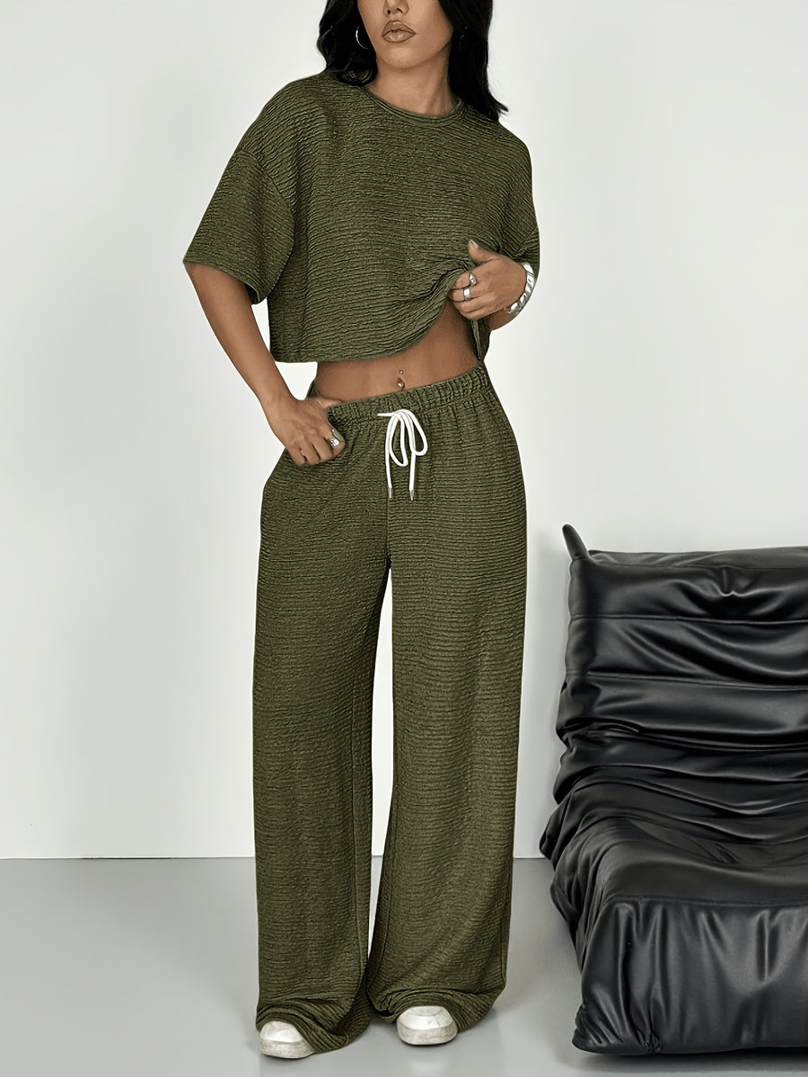 Women'S Spring/Summer Fashion T-Shirt And Pants 2pcs Set - Green
