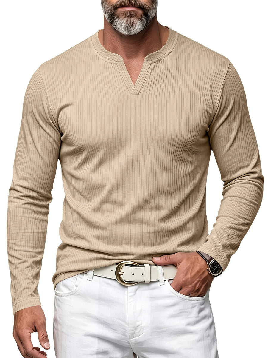 Men's Vertical Pin-Stripe V-Neck Henley Long-Sleeve T-Shirt, Slim Fit Stretch Textured Top, Spring/Autumn Casual Base Layer Men's Apparel - Khaki