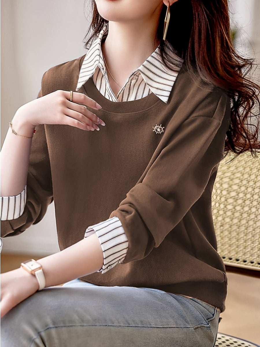 Women'S Fall Winter Casual Comfortable Fashion Long Sleeve Collared Striped Collar Polo Shirt - Coffee Brown
