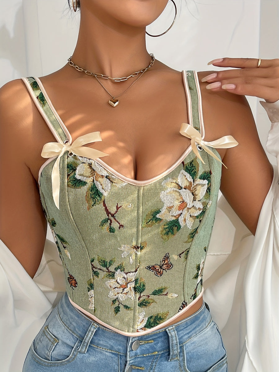 French-Style Court Bow Tie Lace-Up Floral Print Vintage Oil Painting Bodice Ball Gown Women's Camisole Printed Slim Fit Vest Corset Top for Outerwear - Light Green