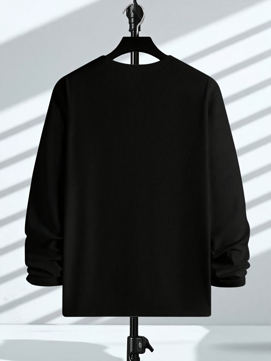 New Men'S Casual Classic Ribbed Texture Henley Collar Lightweight All-Match Long Sleeve Spring Autumn Business Casual Single Button New - Black
