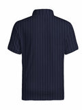 [Printed Design - Not Textured] Men'S Short Sleeve Zip Polo Shirt, Navy Vertical Stripe, Digital Print, Zip Placket, Polyester, Casual, for Daily Wear And Commuting, Summer - Mixed colors
