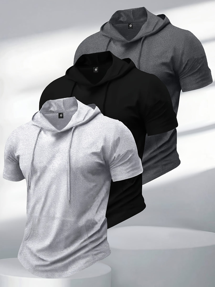3pcs Summer Men's Stretchy Breathable Short-Sleeve Hooded T-Shirt with Kangaroo Pocket, Fashionable, , Versatile Casual Sportswear Top for Outdoor Fitness and Jogging - Mixed colors