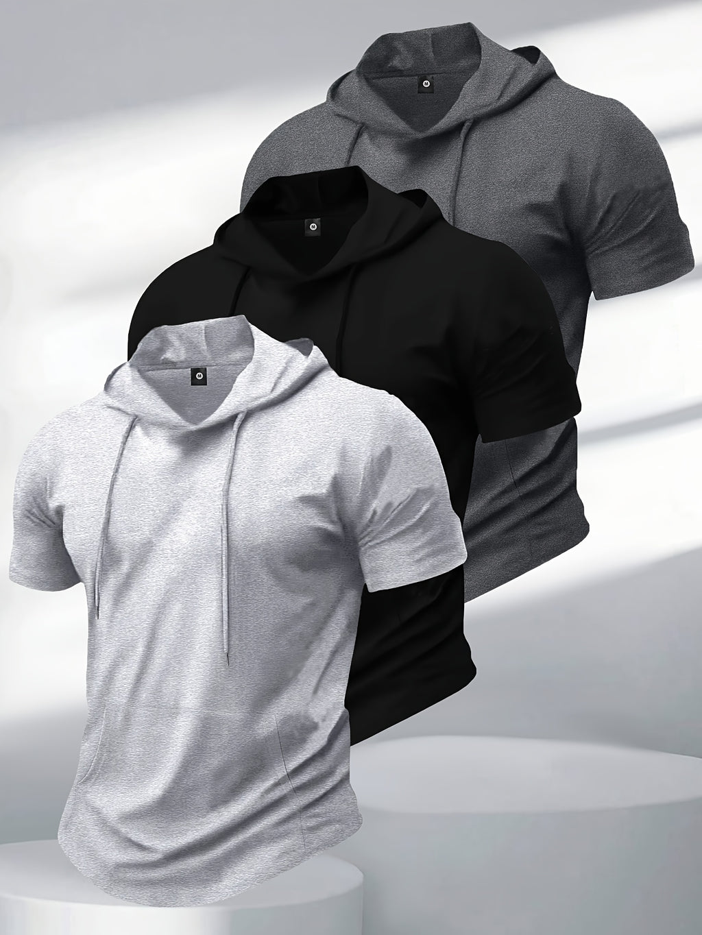 3pcs Summer Men's Stretchy Breathable Short-Sleeve Hooded T-Shirt with Kangaroo Pocket, Fashionable, , Versatile Casual Sportswear Top for Outdoor Fitness and Jogging - Mixed colors