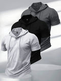 3pcs Summer Men's Stretchy Breathable Short-Sleeve Hooded T-Shirt with Kangaroo Pocket, Fashionable, , Versatile Casual Sportswear Top for Outdoor Fitness and Jogging - Mixed colors