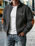Whale Crossing OBM Men's Fashion Waffle Knit Stand Collar Zip-Up Jacket with "MILAN" Letter Print, Casual Baseball Sport Functional Warm Workwear Jacket - Grey
