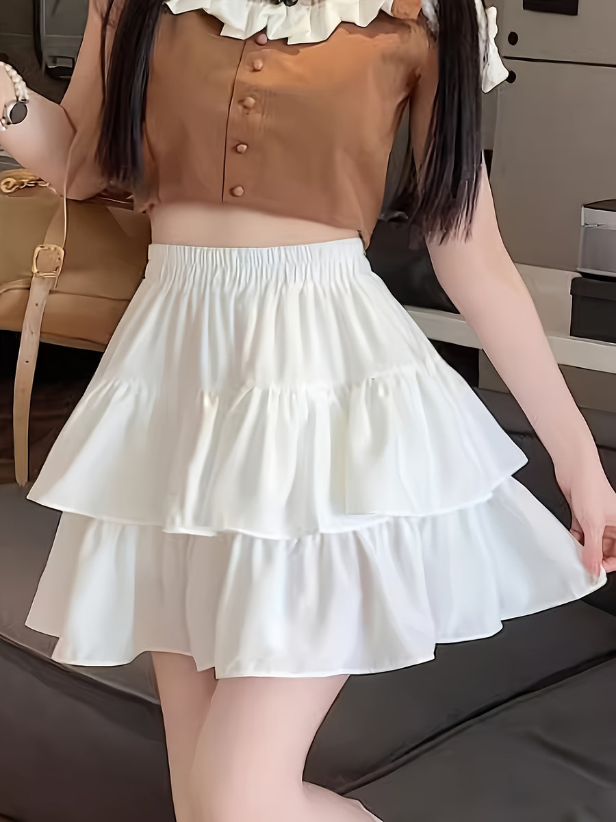 New Autumn and Winter Style Versatile Double-layered Cake Skirt for Women, High-waisted,, A-line Flared Short Skirt with Lotus Leaf Hem, Suitable for Petite Figures. - White