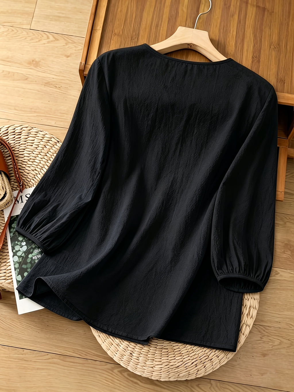 French-Style Gentle Textured Shirt with V-Neck, Lace Floral Design, Lantern Sleeves, Loose Fit, Relaxed Style, Versatile Daily Top - Black