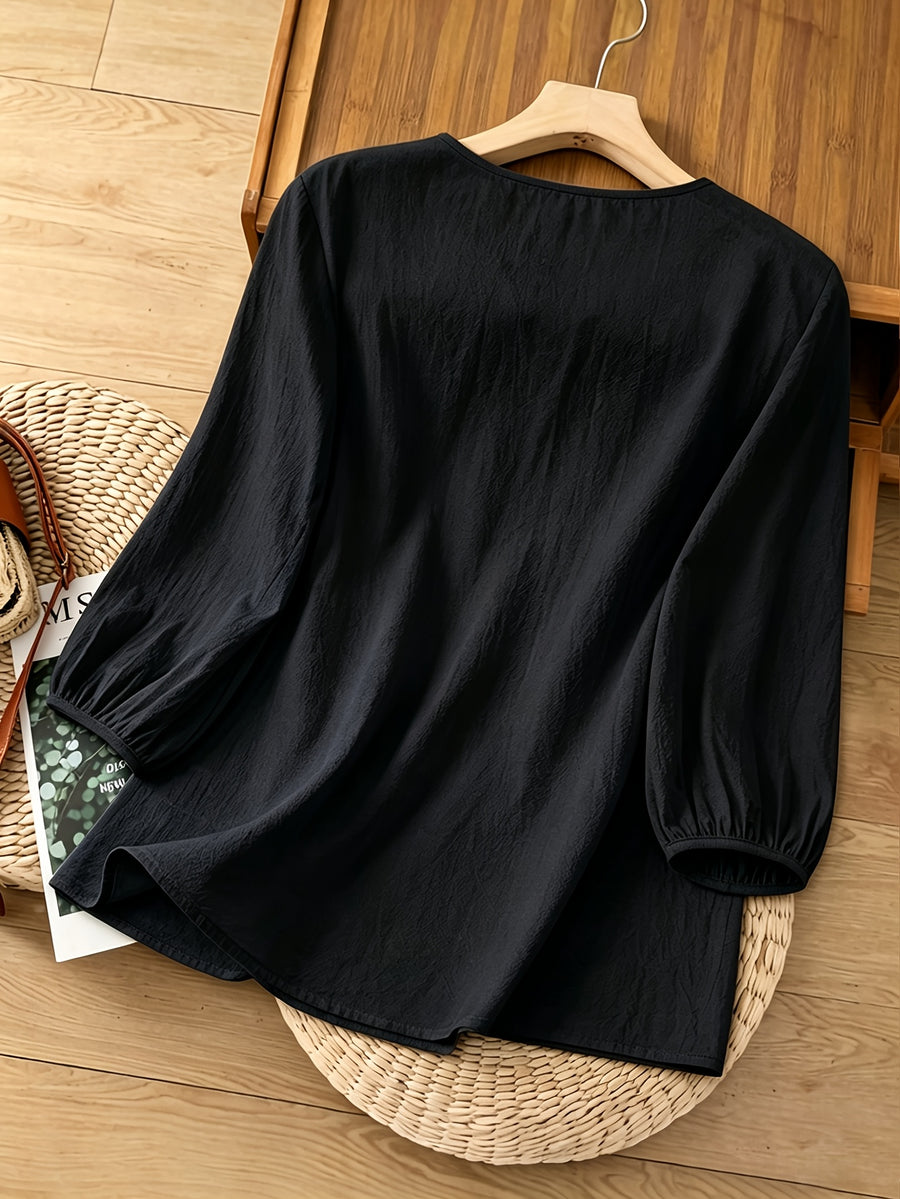 French-Style Gentle Textured Shirt with V-Neck, Lace Floral Design, Lantern Sleeves, Loose Fit, Relaxed Style, Versatile Daily Top - Black
