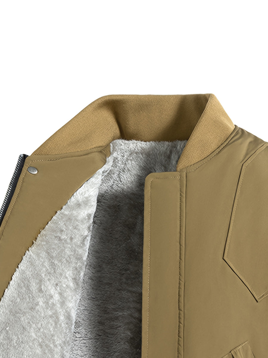 DIFFELEMENT 1pc Men's -Lined Thickened Baseball Collar Flight Jacket, Windproof and Warm with Inner Lining, Outer Jacket with Zipper Pockets, Zipper Cardigan Jacket, Regular Fit Design, Suitable for Daily Casual Wear and Outdoor Activities for Cold - Khaki