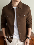 Men's Lightweight Textured Jacket with Button-Front & Collar - Soft Breathable Workwear Coat Suitable for Business Office, Travel, Casual Streetwear, Spring/Autumn Outerwear, Hand Washable Button-Up Blazer - Coffee Color