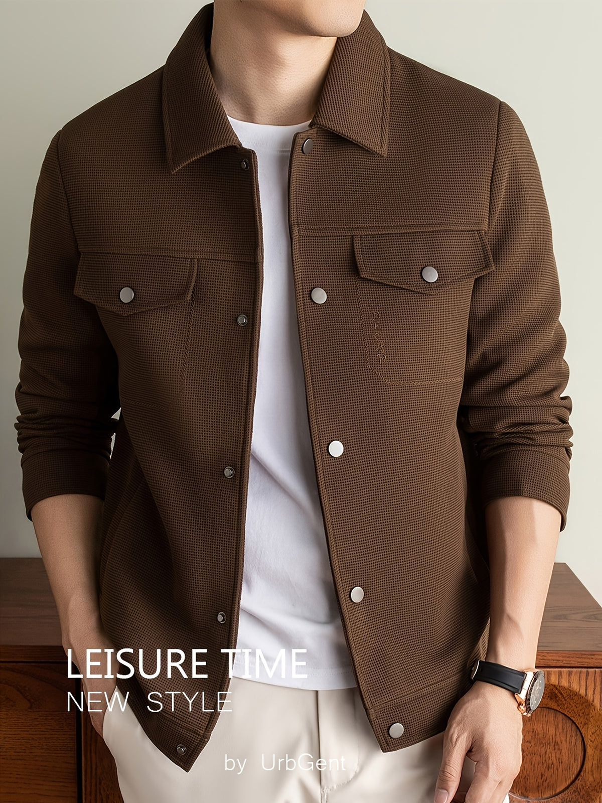 Men's Lightweight Textured Jacket with Button-Front & Collar - Soft Breathable Workwear Coat Suitable for Business Office, Travel, Casual Streetwear, Spring/Autumn Outerwear, Hand Washable Button-Up Blazer - Coffee Color