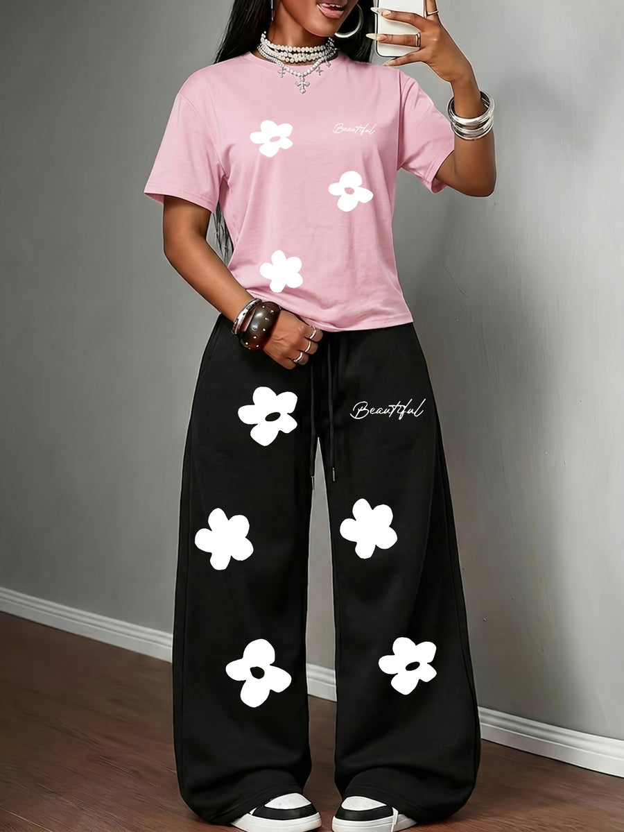 Spring/Summer New Set: 2pcs Outfit Featuring Hand-drawn Floral Print, Multi-color Round-neck Short-sleeve Top and Loose-fit Drawstring Straight-leg Pants. A Fashionable Y2K Streetwear Style with Hip-hop Y Vibes, Perfect for Summer Streetwear - Pink+Black