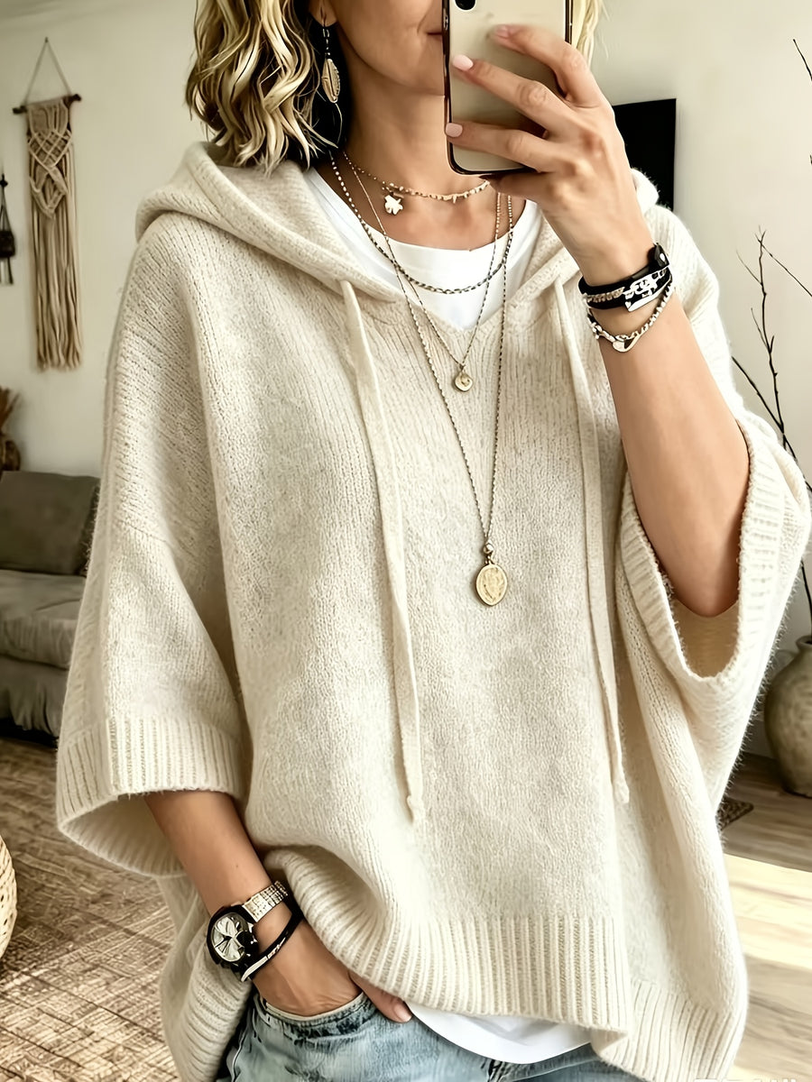 Women's Elegant Casual Three-Quarter Sleeve Drawstring Hooded Sweatshirt - Off-white