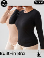 2pcs Women's Long-Sleeve Shaping Top with Built-in Padded Cups, High-Elasticity Fixed Cup S Base Layer, Home Four-Season Inner/Outer Wear T-Shirt - Black+Apricot