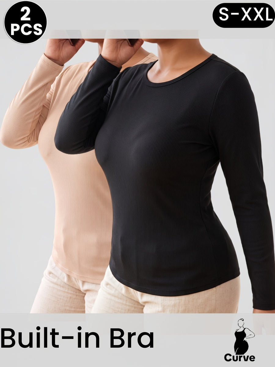 2pcs Women's Long-Sleeve Shaping Top with Built-in Padded Cups, High-Elasticity Fixed Cup S Base Layer, Home Four-Season Inner/Outer Wear T-Shirt - Black+Apricot