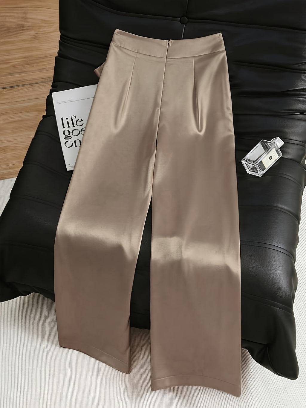 Women'S Fashion Commuter Satin Irregular Lace Bow Zipper Wide-Leg Long Pants - Dark Khaki