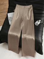 Women'S Fashion Commuter Satin Irregular Lace Bow Zipper Wide-Leg Long Pants - Dark Khaki