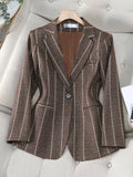 Elegant 2025 Blue Striped Suit Jacket, Noble and High-end Small Suit for Women, New Suit with Striped Contrasting Color - Coffee Color
