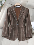 Elegant 2025 Blue Striped Suit Jacket, Noble and High-end Small Suit for Women, New Suit with Striped Contrasting Color - Coffee Color