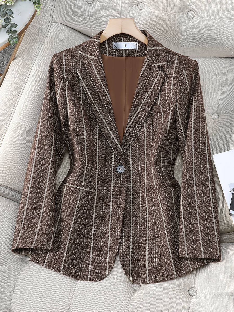Elegant 2025 Blue Striped Suit Jacket, Noble and High-end Small Suit for Women, New Suit with Striped Contrasting Color - Coffee Color