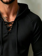 [Josh Mei OBM] American Retro Men'S Slim Fit Ringer Hooded Long Sleeve Shirt, Cross-Tie Deep V Design Elastic Texture Long Sleeve, Outdoor Casual Fitness Hat T - Black