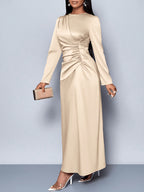Women'S Elegant Solid Color Ruched Side Satin Bodycon Dress Suitable for Dating Party Maxi Women Outfit - Apricot