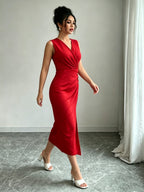 V Neck Ruched Bodycon Midi Dress, Women's Sleeveless Golden Button Side Slit Elegant Formal Dress for Work & Party - Red