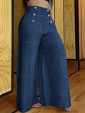 Women'S Solid Color Wide Leg Pants with Decorative Buttons - Casual Loose Fit, Perfect for Spring/Summer Outfits - Navy Color
