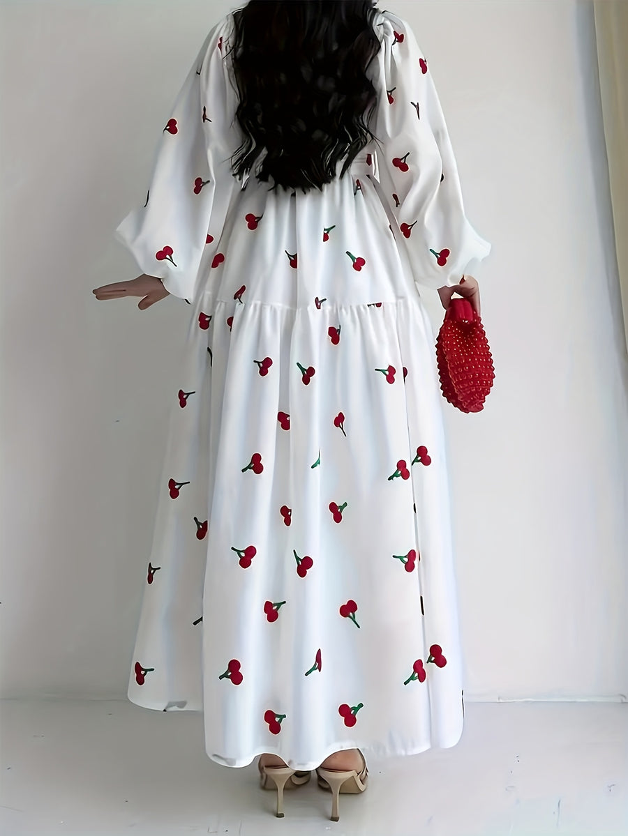 Elegant Printed Long Sleeve Dress for Spring And Autumn, Women'S, Non-Stretchable, Machine Washable - Suitable for All Seasons - White
