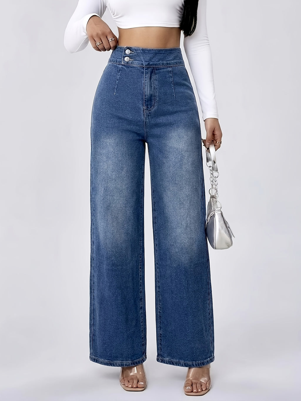 Simple and Stylish Women's Stretch Semi-elastic Waist Loose Straight-leg Trousers - Medium Blue