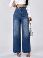 Simple and Stylish Women's Stretch Semi-elastic Waist Loose Straight-leg Trousers - Medium Blue