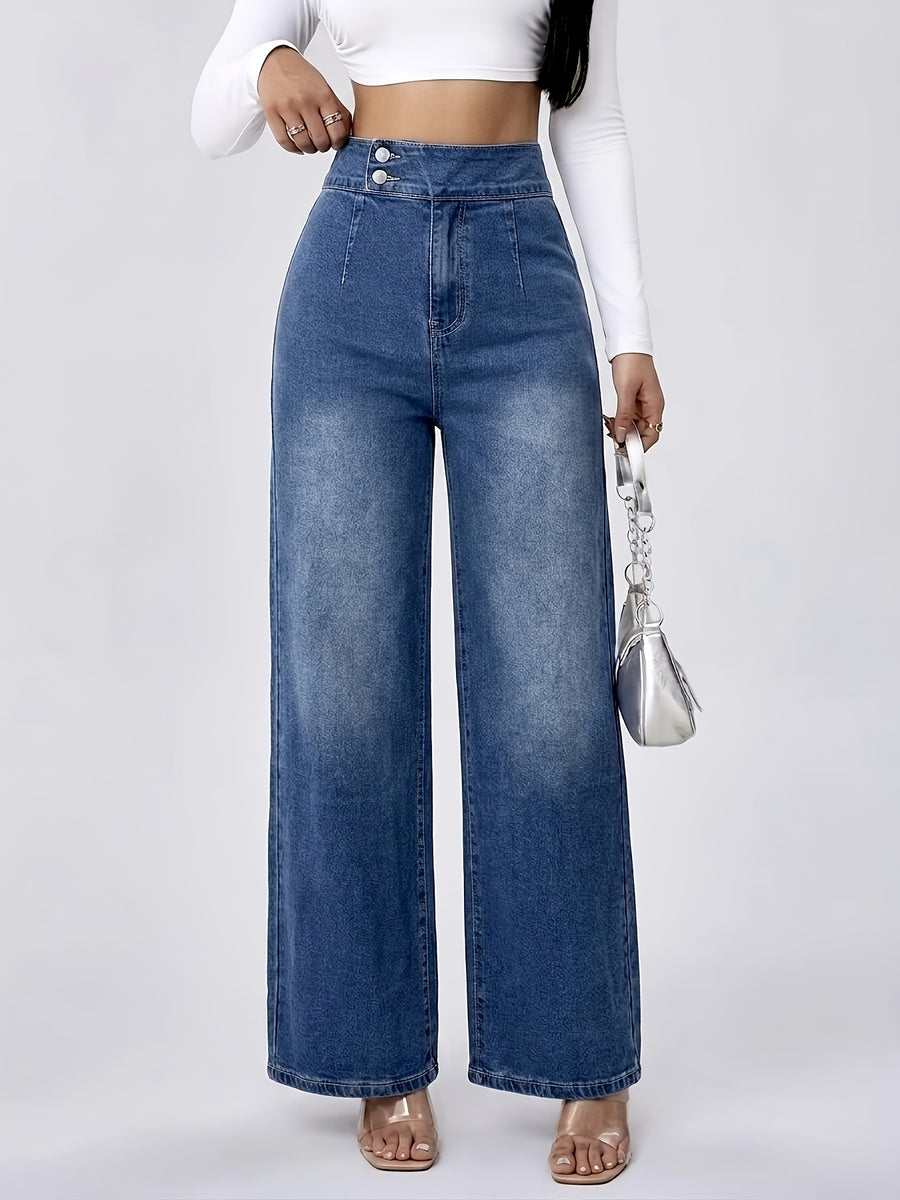 Simple and Stylish Women's Stretch Semi-elastic Waist Loose Straight-leg Trousers - Medium Blue