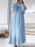 Solid Lantern Sleeve Round Neck Ruffled Hem Loose Robe Long Sleeve Dress - Sky Blue