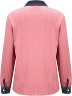 [Printed Pants - Not Faux Denim Fabric]Autumn Women'S Faux Denim Non- Patchwork Jacquard Sweatshirt Cardigan Long Sleeve Top - Pink Color