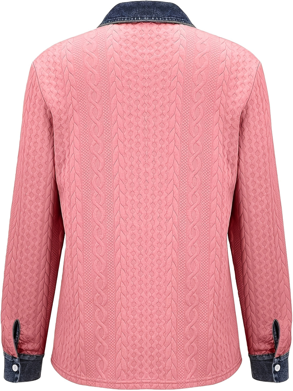 [Printed Pants - Not Faux Denim Fabric]Autumn Women'S Faux Denim Non- Patchwork Jacquard Sweatshirt Cardigan Long Sleeve Top - Pink Color