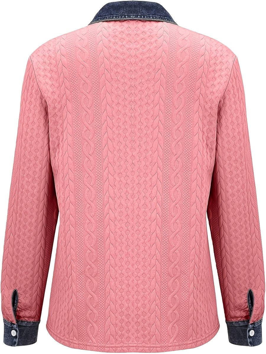 [Printed Pants - Not Faux Denim Fabric]Autumn Women'S Faux Denim Non- Patchwork Jacquard Sweatshirt Cardigan Long Sleeve Top - Pink Color