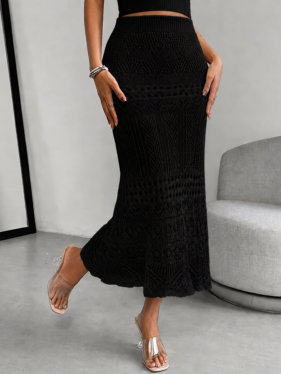 Women's Solid Color Hollow-Out Long Elegant Dress, Suitable for Summer, Spring, Summer Beach Vacation Style, Daily Casual Wear - Black