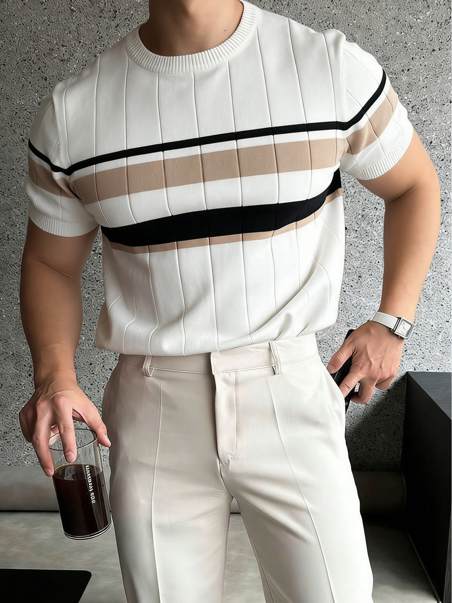 Men'S Color-Block Short-Sleeve Knit Pullover, Regular Round Neck Top, Business Casual Summer New - Off-white