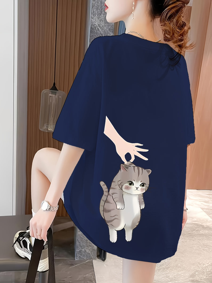 Women's Short Sleeve T-Shirt with Front and Back Print, Pure - Navy Color