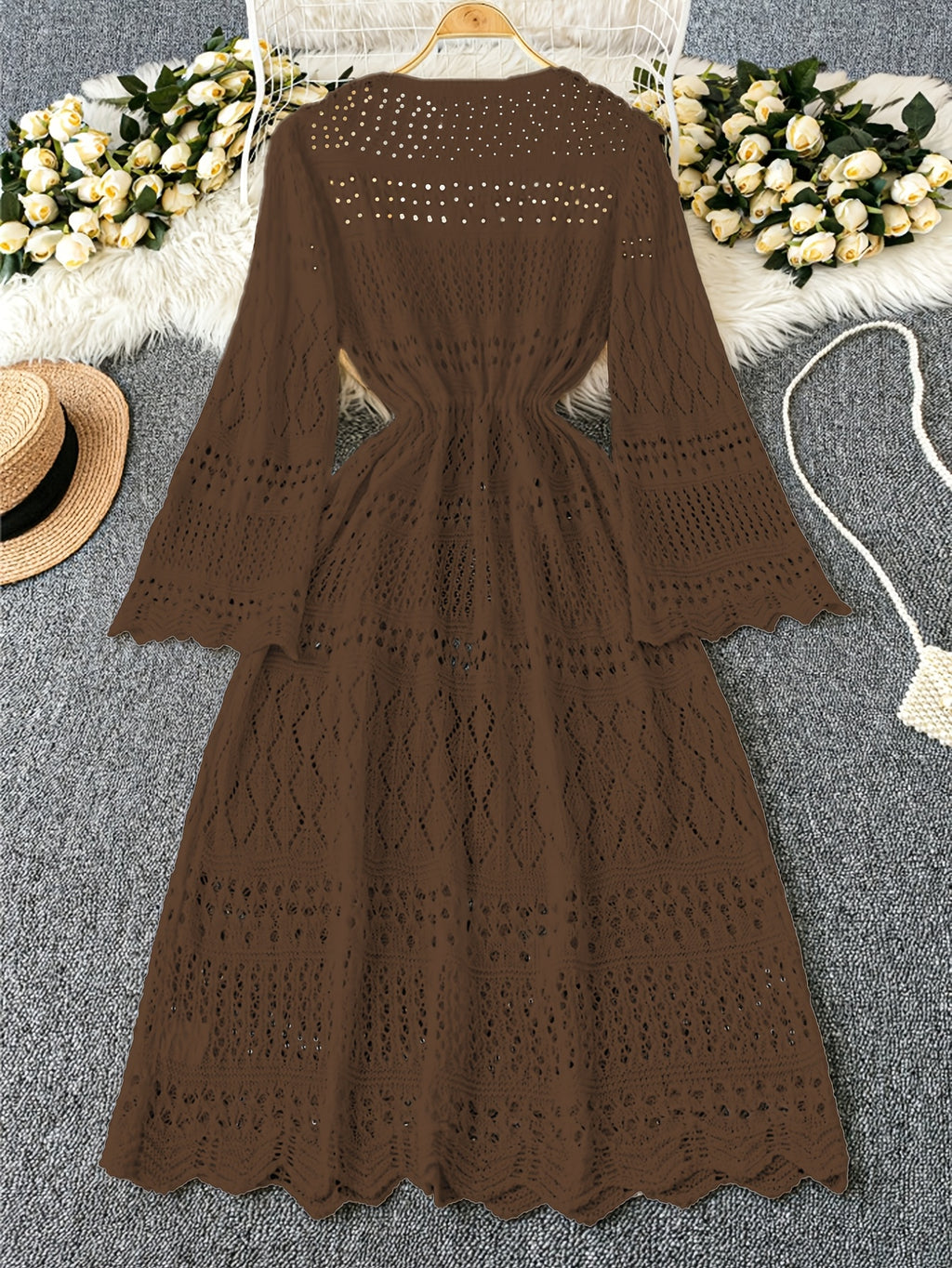 Women's Solid Color Beach Vacation Romantic Crochet Mesh Drawstring Tie Bow Cardigan Western Clothing - High-End - Coffee Color