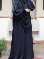 Middle Eastern Solid Color Women'S Robe with Pearl Sleeves Dress And Long Scarf 2pcs Set, Ideal for Women'S Daily Wear, Travel, And Ramadan - Navy Color