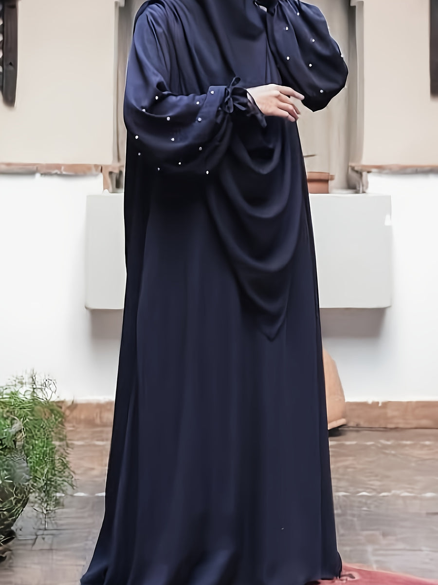 Middle Eastern Solid Color Women'S Robe with Pearl Sleeves Dress And Long Scarf 2pcs Set, Ideal for Women'S Daily Wear, Travel, And Ramadan - Navy Color