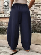 Plus Size, Plus Size Stylish Women's Solid Color Casual Pants, Elastic High Waist with Pockets, Loose Wide-Leg Trousers, Versatile Pants for Commuting and Vacation - Navy Color