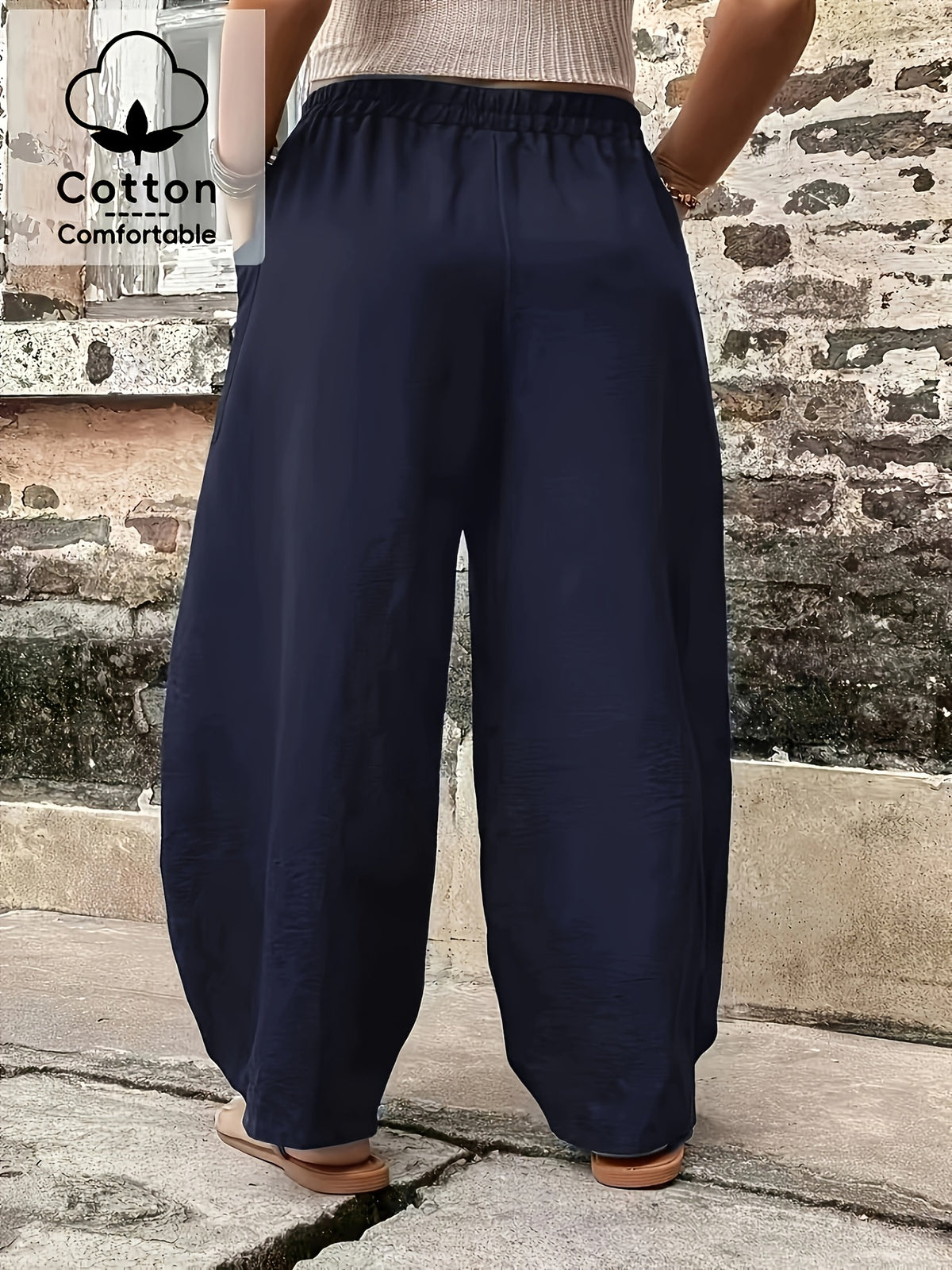Plus Size, Plus Size Stylish Women's Solid Color Casual Pants, Elastic High Waist with Pockets, Loose Wide-Leg Trousers, Versatile Pants for Commuting and Vacation - Navy Color
