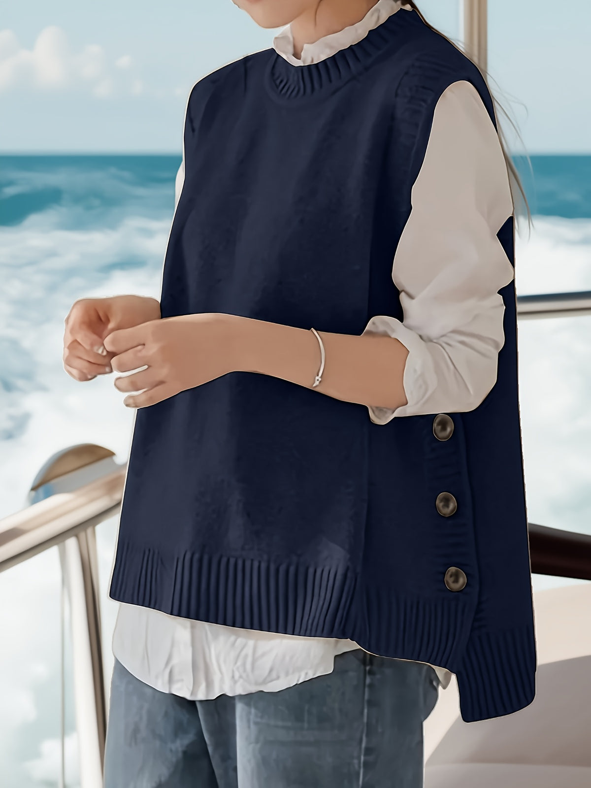 Round Neck Short Front And Long Back Button Sweater - Navy Color