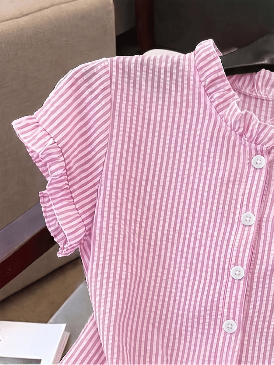 Women's Ruffle Collar Short Sleeve Single-Breasted Striped Shirt, Summer - Pink