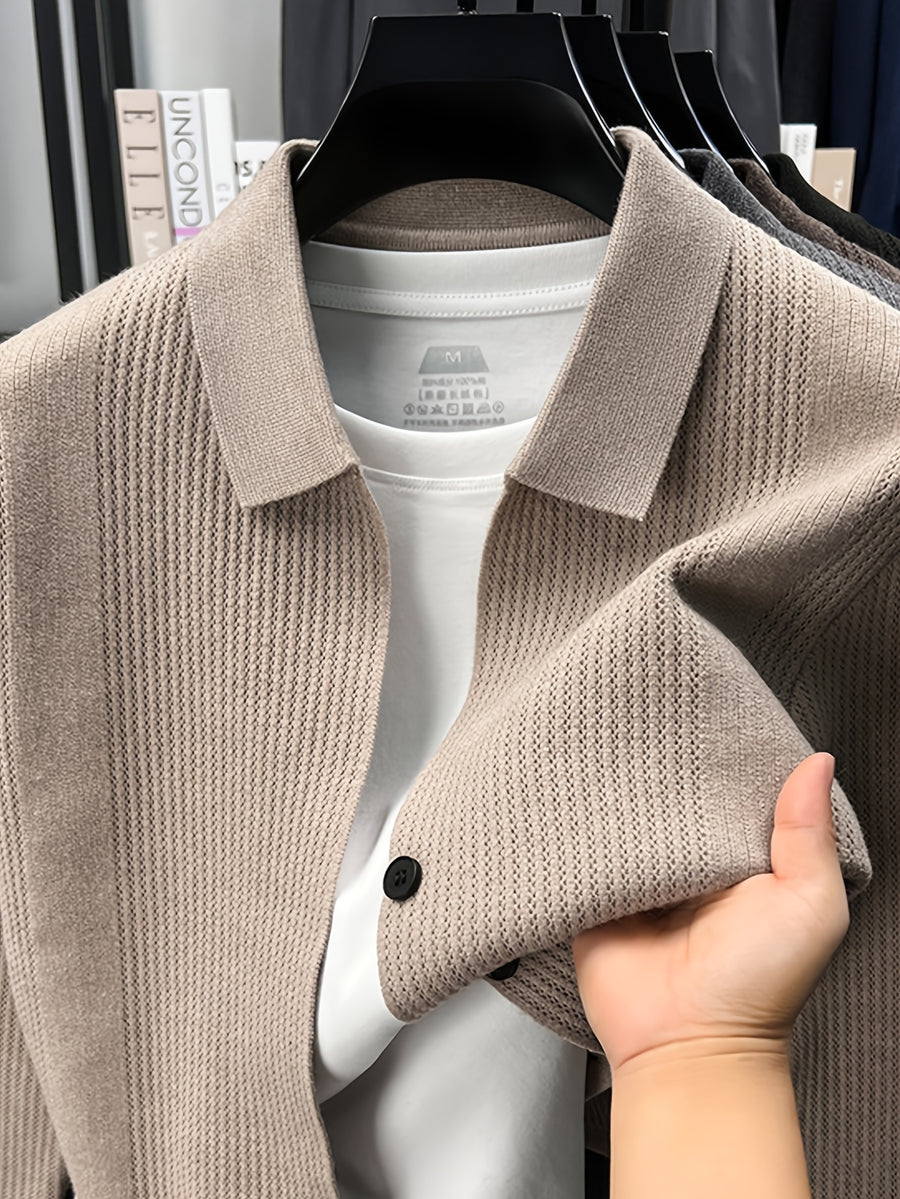 Men'S Lapel Single-Button Knit Cardigan, Spring/Autumn Outerwear, Winter Layering, Long Sleeve, Ribbed Cuffs And Hem - SINBOS - Beige Camel