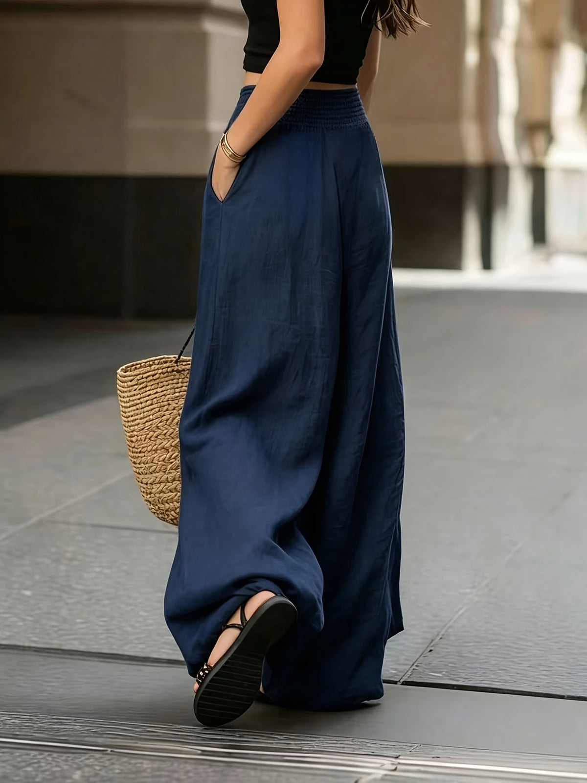 Designed for Waist Comfort, Featuring an Elastic Wide Waistband And Side Pockets. Ideal Country-Style Apparel for Women And Country Music Concerts, Delivering an Elegant Look for Everyday Outfits - Blue Navy